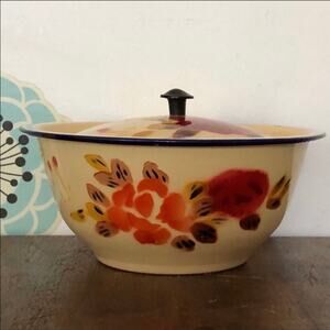 Vintage Enamelware Bowl With Lid,  1970s Autumn Floral Print Lidded Fall Dish